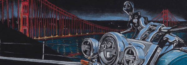 Harley bij Golden Gate Bridge tekening © Yvonne van Zon